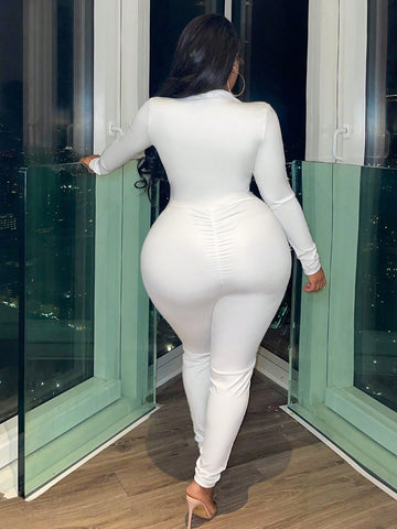 Leisure Yoga Fitness Solid Color Front Zipper Jumpsuit