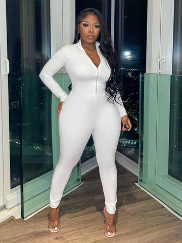 Leisure Yoga Fitness Solid Color Front Zipper Jumpsuit