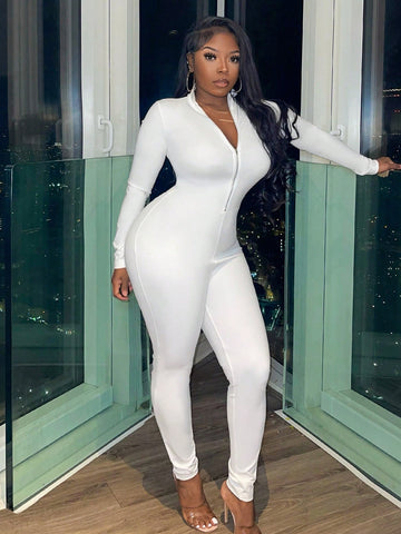 Leisure Yoga Fitness Solid Color Front Zipper Jumpsuit