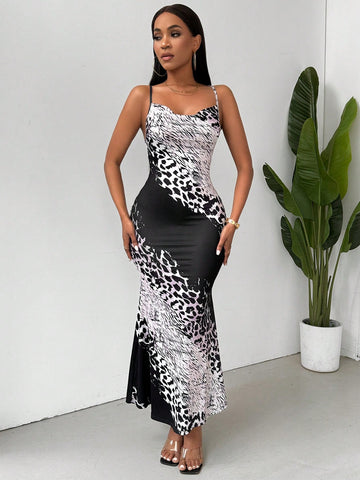 Leopard Color Block Mermaid Hem Cami Dress