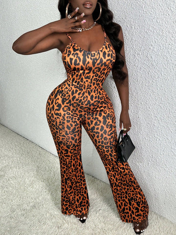 Leopard Print Spaghetti Strap Jumpsuit