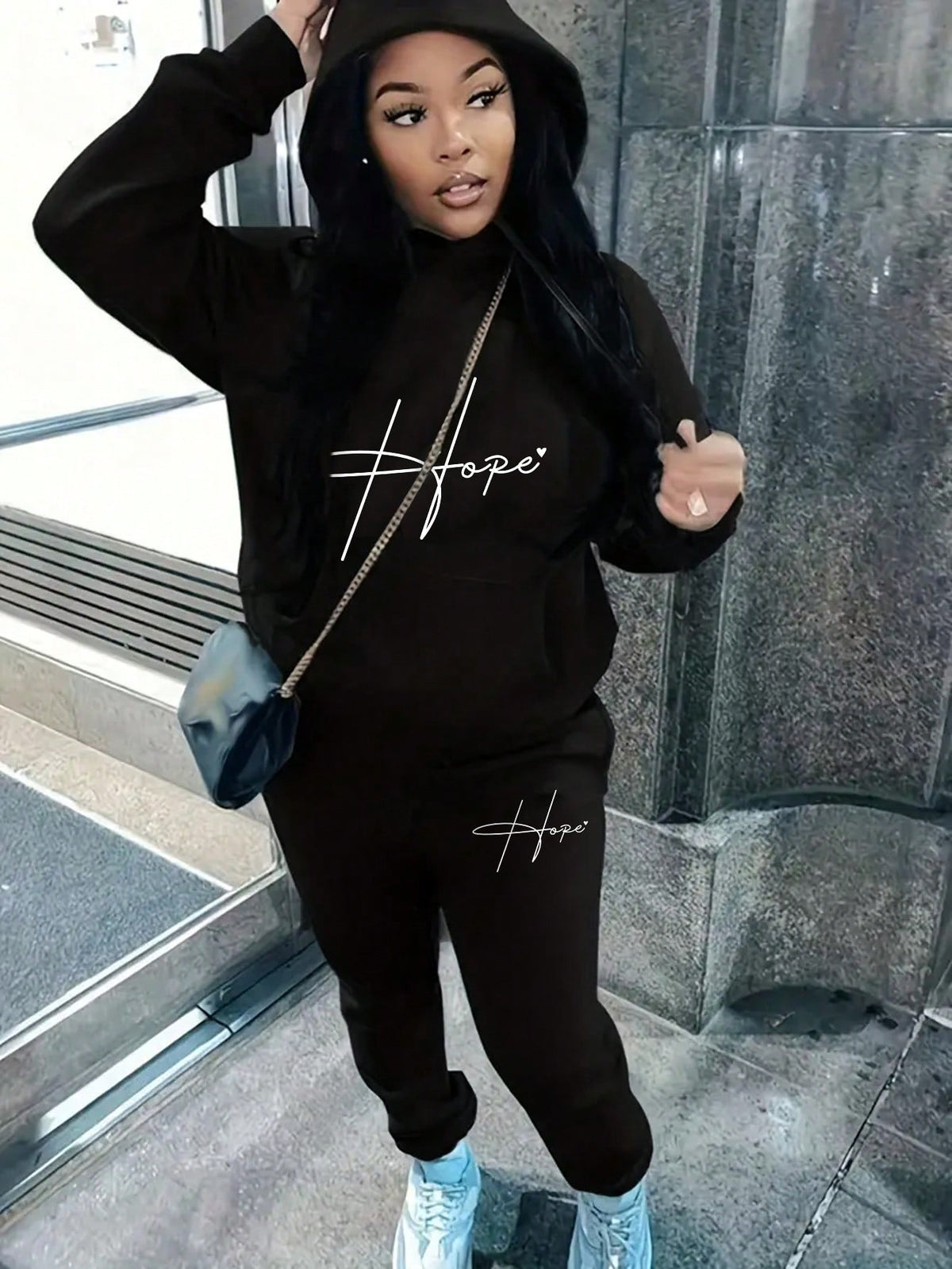 Letter Print Fleece Hooded Sweatshirt With Matching Drawstring Sweatpants