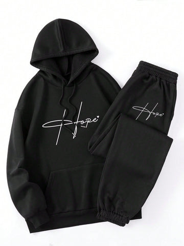 Letter Print Fleece Hooded Sweatshirt With Matching Drawstring Sweatpants