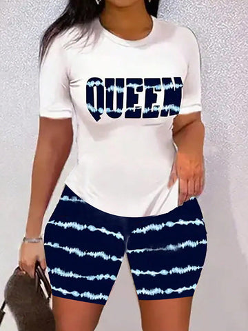 Letter Print T-Shirt And Striped Cycling Shorts 2pcs/Set