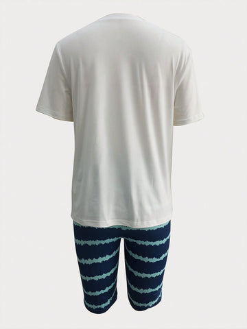 Letter Print T-Shirt And Striped Cycling Shorts 2pcs/Set
