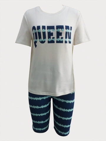 Letter Print T-Shirt And Striped Cycling Shorts 2pcs/Set