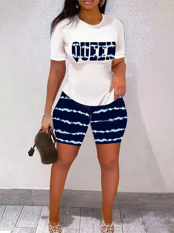 Letter Print T-Shirt And Striped Cycling Shorts 2pcs/Set