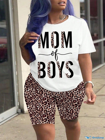 Letter Print T-Shirt & Leopard Print Cycling Shorts Set