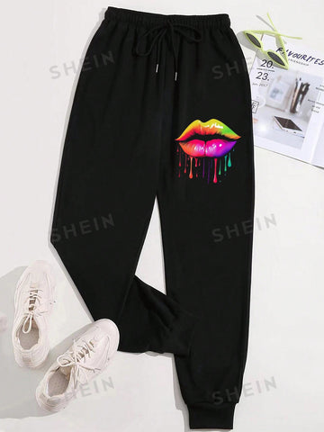 Slayr Lip Print Drawstring Waist & Cuffed Hem Sweatpants