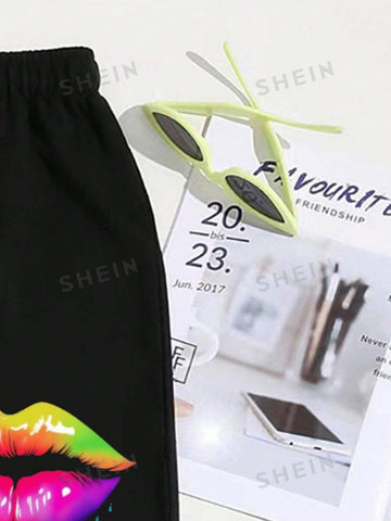 Slayr Lip Print Drawstring Waist & Cuffed Hem Sweatpants