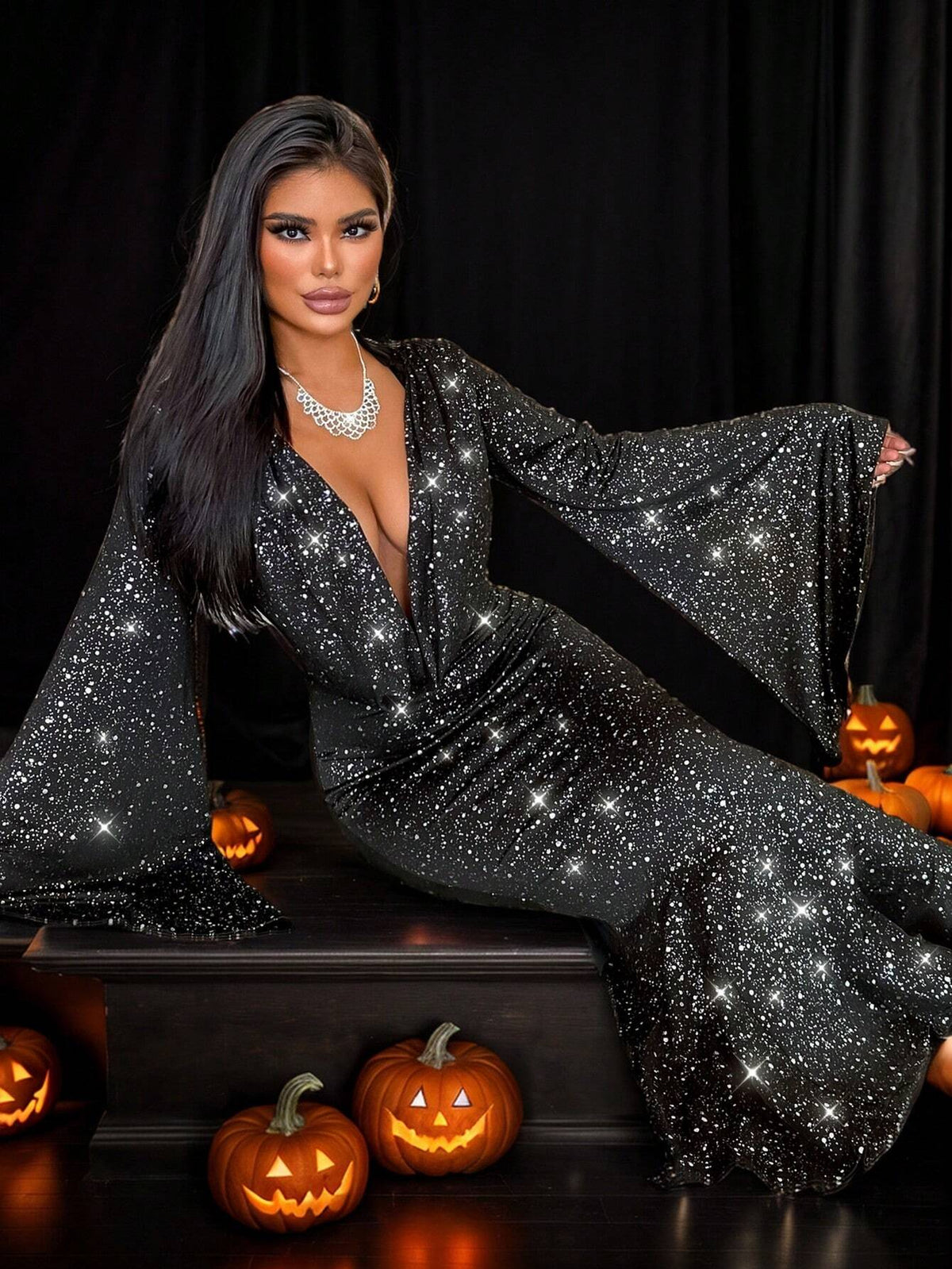 Long Sleeve Deep V-Neck Ruched Dress