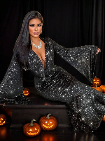 Long Sleeve Deep V-Neck Ruched Dress