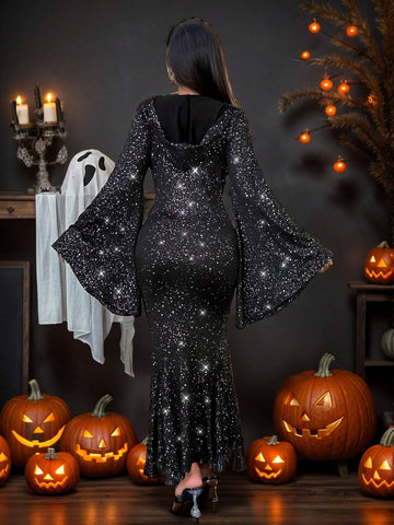 Long Sleeve Deep V-Neck Ruched Dress