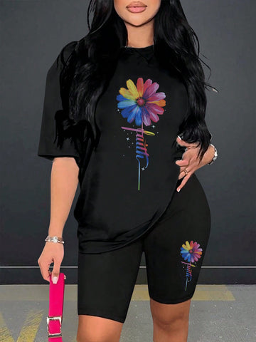 Loose And Simple Rainbow Flower Sunflower Chrysanthemum Faith Printed Women's Graphic T-Shirt And Sports Short Leggings Two-Piece Set, For Summer