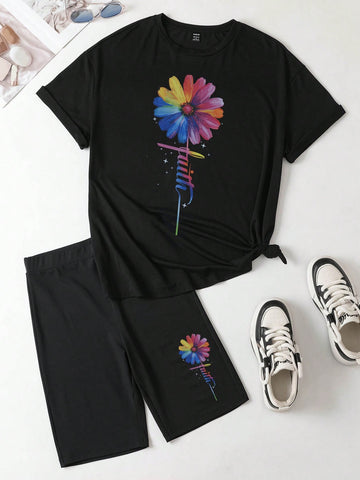 Loose And Simple Rainbow Flower Sunflower Chrysanthemum Faith Printed Women's Graphic T-Shirt And Sports Short Leggings Two-Piece Set, For Summer