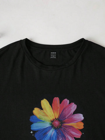 Loose And Simple Rainbow Flower Sunflower Chrysanthemum Faith Printed Women's Graphic T-Shirt And Sports Short Leggings Two-Piece Set, For Summer