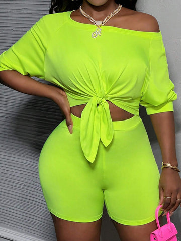 Loose Casual Off-Shoulder Knotted Wide Leg T-Shirt And Skinny Pants Set-E