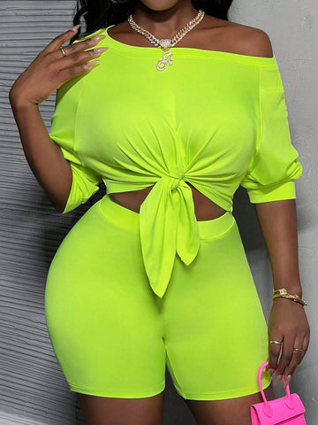 Loose Casual Off-Shoulder Knotted Wide Leg T-Shirt And Skinny Pants Set-E