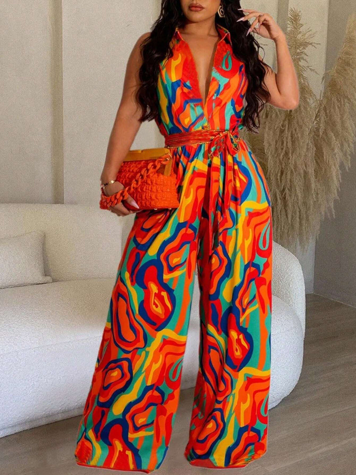 Loose Fit Vacation Style Wide Leg Jumpsuit With All-Over Print, Line, Belted Waist