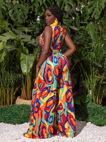 Loose Fit Vacation Style Wide Leg Jumpsuit With All-Over Print, Line, Belted Waist