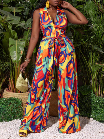 Loose Fit Vacation Style Wide Leg Jumpsuit With All-Over Print, Line, Belted Waist