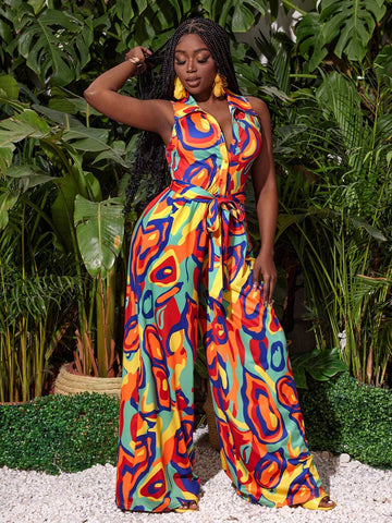 Loose Fit Vacation Style Wide Leg Jumpsuit With All-Over Print, Line, Belted Waist