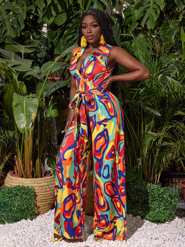Loose Fit Vacation Style Wide Leg Jumpsuit With All-Over Print, Line, Belted Waist