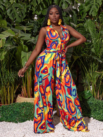 Loose Fit Vacation Style Wide Leg Jumpsuit With All-Over Print, Line, Belted Waist