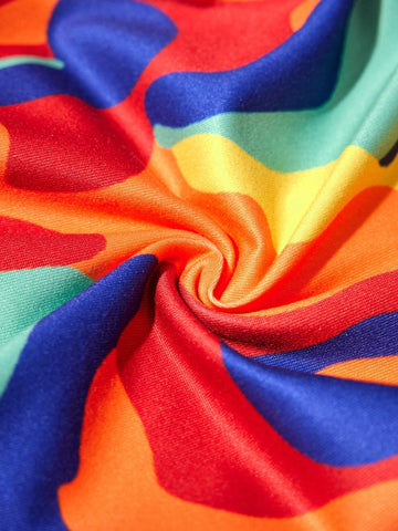 Loose Fit Vacation Style Wide Leg Jumpsuit With All-Over Print, Line, Belted Waist