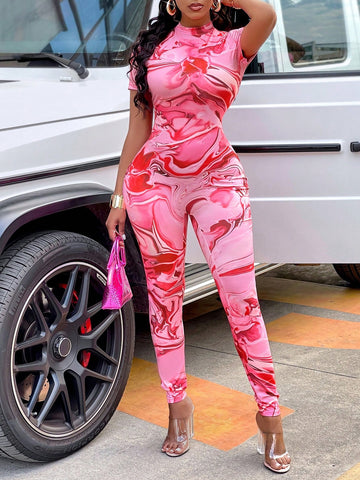 Marble Printed Slim Fit Jumpsuit