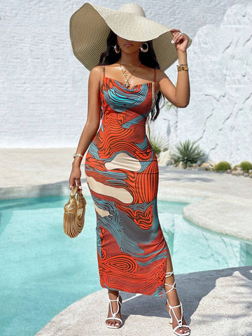 Marbled Print Split Thigh Cami Dress