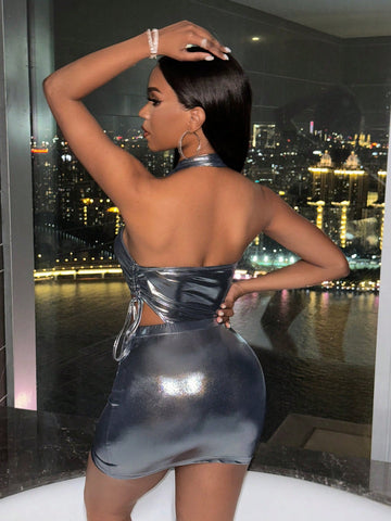 Metal Sexy Hollowed Out Sexy Mini Skirt Two-Piece Set