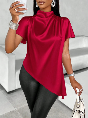 Slayr Mock Neck Batwing Sleeve Satin Asymmetrical Hem Blouse