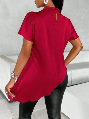 Slayr Mock Neck Batwing Sleeve Satin Asymmetrical Hem Blouse