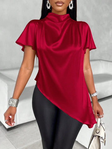 Slayr Mock Neck Batwing Sleeve Satin Asymmetrical Hem Blouse