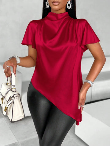 Slayr Mock Neck Batwing Sleeve Satin Asymmetrical Hem Blouse