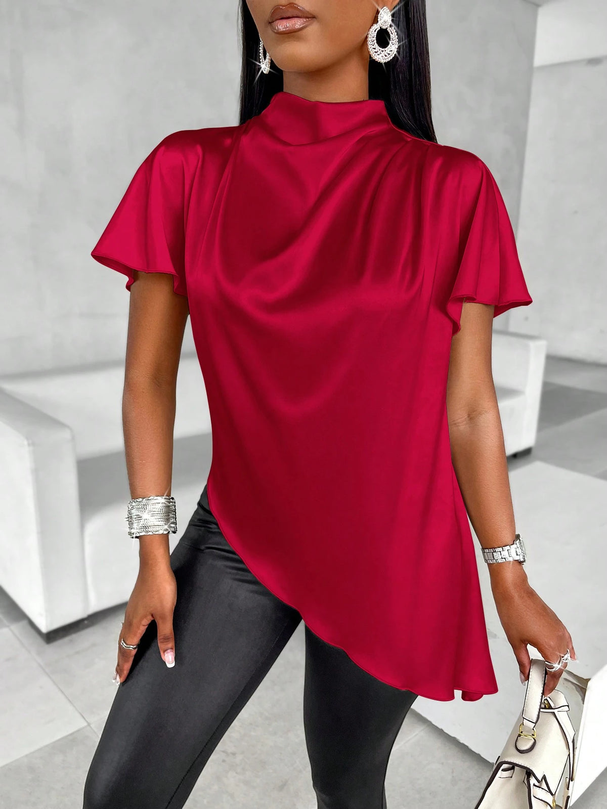 Slayr Mock Neck Batwing Sleeve Satin Asymmetrical Hem Blouse