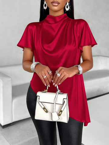 Slayr Mock Neck Batwing Sleeve Satin Asymmetrical Hem Blouse