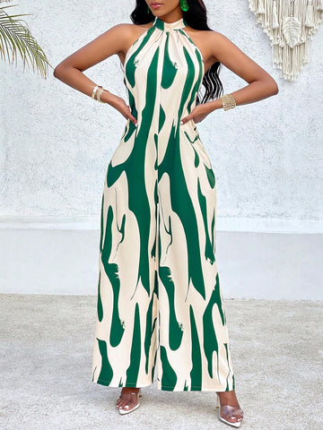 Mock Neck Graphic Print Wide Leg Jumpsuits (Random Print)