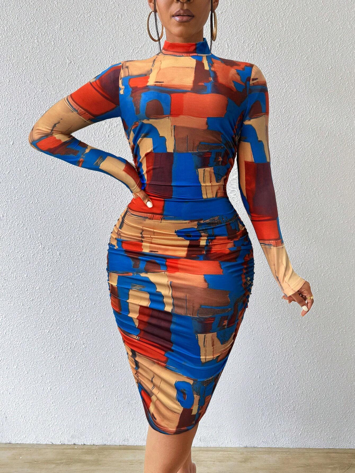 Mock Neck Long Sleeve Minimalist Fitted Short Casual Fashion Printed Dress