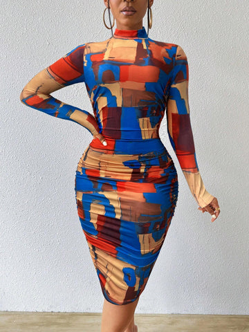 Mock Neck Long Sleeve Minimalist Fitted Short Casual Fashion Printed Dress