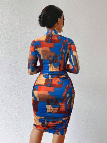 Mock Neck Long Sleeve Minimalist Fitted Short Casual Fashion Printed Dress