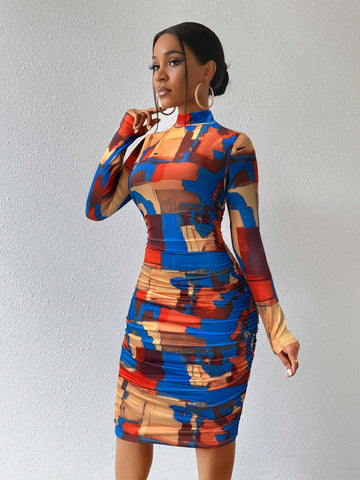 Mock Neck Long Sleeve Minimalist Fitted Short Casual Fashion Printed Dress