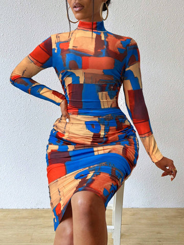Mock Neck Long Sleeve Minimalist Fitted Short Casual Fashion Printed Dress