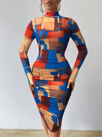 Mock Neck Long Sleeve Minimalist Fitted Short Casual Fashion Printed Dress
