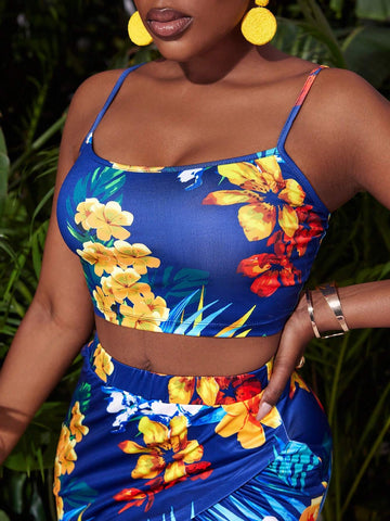 Music Festival Vacation Tight Cami Top With Floral Vest And Skirt, Blue Tropical Abstract Graffiti Print Ladies" 2 Piece Set