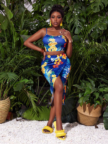 Music Festival Vacation Tight Cami Top With Floral Vest And Skirt, Blue Tropical Abstract Graffiti Print Ladies" 2 Piece Set