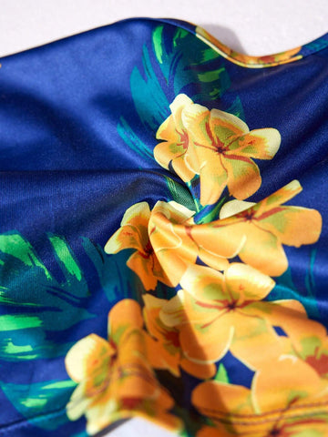 Music Festival Vacation Tight Cami Top With Floral Vest And Skirt, Blue Tropical Abstract Graffiti Print Ladies" 2 Piece Set