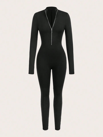 New Arrival Music Festival Sportswear Street Style Zipper Front Long Sleeve Jumpsuit With Elasticity And Tightness Yoga