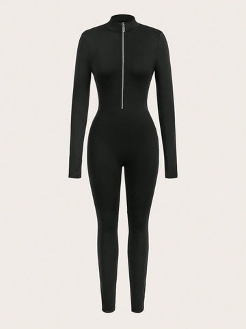 New Arrival Music Festival Sportswear Street Style Zipper Front Long Sleeve Jumpsuit With Elasticity And Tightness Yoga